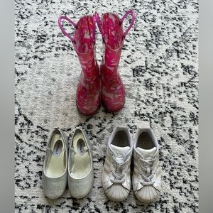Rain boots, glitter dress shoes, adidas tennis shoes